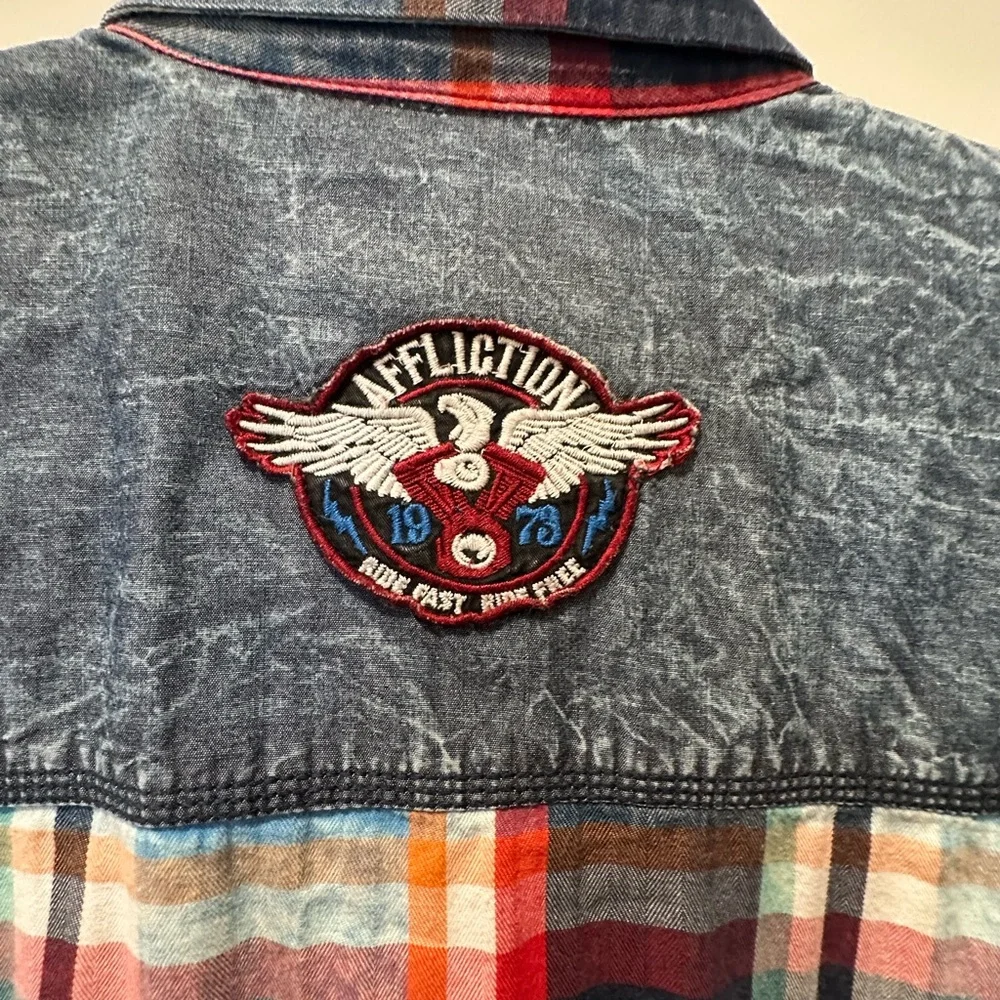 Affliction Men's Blue and Red Plaid Snap Down Shirt - Picture 7 of 9